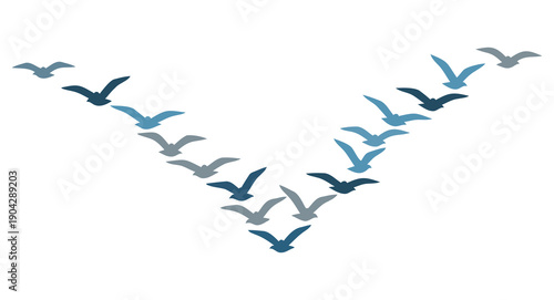 Formation of birds flying in a diagonal v-shape against a white background