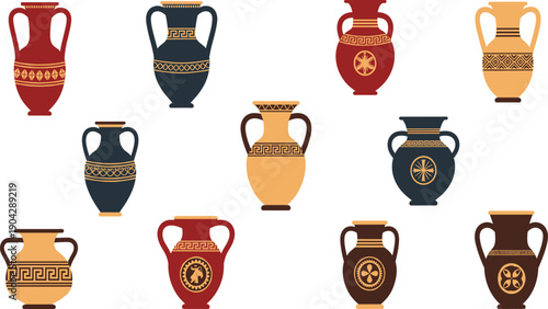 Ancient Greek Amphora Pottery Vector Illustration Set with Decorative Ceramic Vases and Classical Symbolic Ornaments in Flat Style