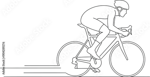Minimalist line art depiction of a dedicated competitive cyclist wearing a helmet aggressively pedaling a road bike with speed motion streaks indicating rapid movement.