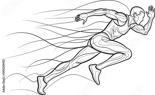 Minimalist line art drawing captures an athlete sprinting forward with dynamic motion lines symbolizing speed and intense athletic endeavor