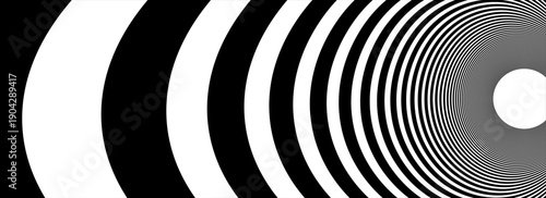 Hypnotic spirals background. Radial optical illusion. Black and white swirl tunnel wallpaper. Horizontal spinning concentric curves. Vortex or whirlpool design for poster, banner, flyer.Vector
