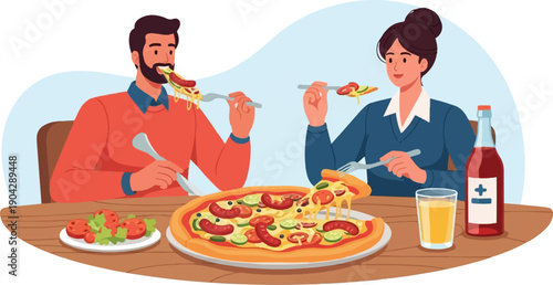 A man and woman enjoy a cheesy pizza, salad, and drink together