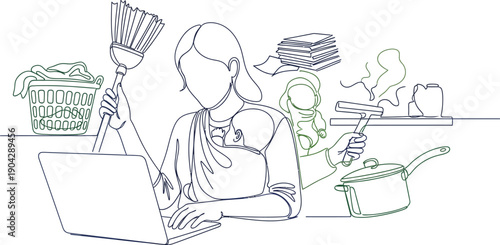 Overwhelmed mother expertly balancing working remotely on a laptop while simultaneously managing numerous household chores and childcare responsibilities