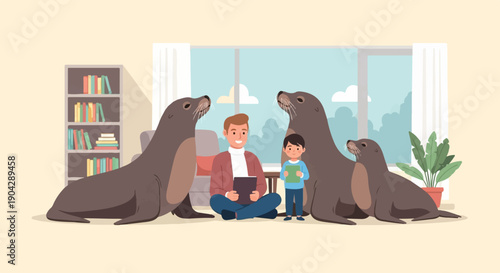 A man and boy are reading books with seals in a living room
