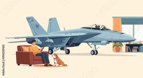 A man and dog relax indoors with a fighter jet parked in the room