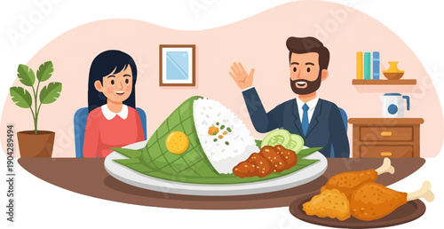 A man and woman enjoy a meal of rice, chicken, and vegetables