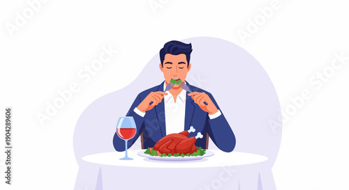 A man in a suit enjoys a roast chicken dinner with red wine