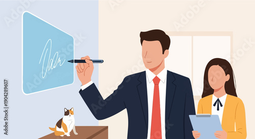 A man in a suit signs on a screen, a woman holds a clipboard, and a cat sits nearby
