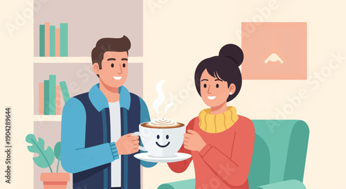 A man offers a woman a steaming cup of coffee with a smiley face