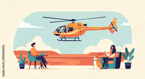 A man on laptop, woman on couch with dog, and orange helicopter fly by