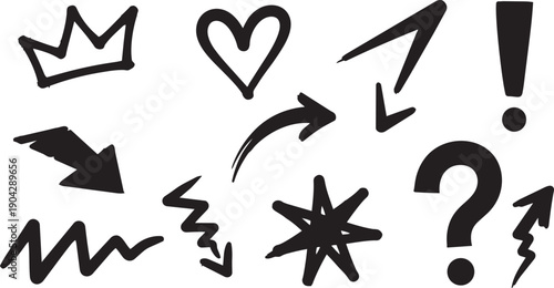 collection of hand drawn doodle arrows and symbols including heart crown exclamation mark and star shapes for creative journaling and sketch design