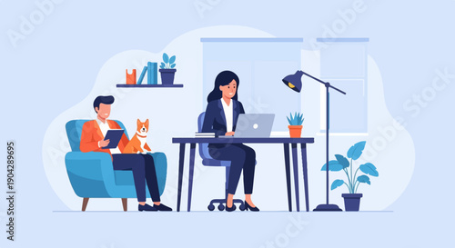 A man relaxes with a tablet and dog while a woman works on a laptop