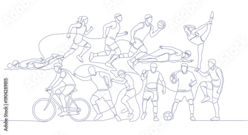 Continuous single line drawing illustrating a diverse collage of athletes engaged in various demanding sports activities symbolizing fitness competition