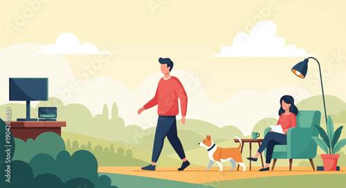 A man walks his dog near a woman reading in a chair
