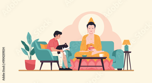 A man with his dog sits near a Buddha figure in a serene room