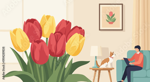 A man with his dog relaxes at home amidst vibrant tulips and a framed artwork