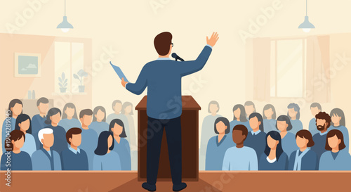 A man with glasses speaks to an audience from a podium