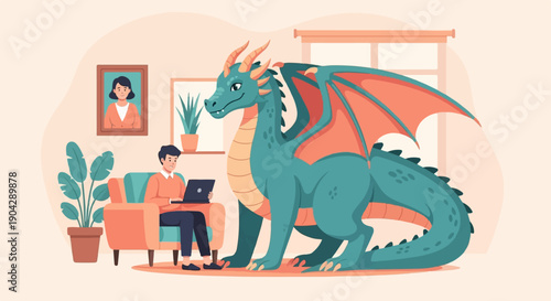A man works on his laptop near a friendly dragon inside a cozy room