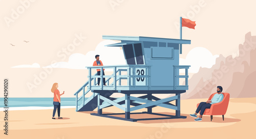 A minimalist beach scene with a lifeguard tower, two people, and calm water