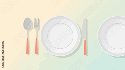 A minimalist flat lay of two plates with a spoon, fork, and knife on a pastel background