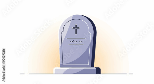 A minimalist illustration of a stone tombstone with a cross and fish symbol