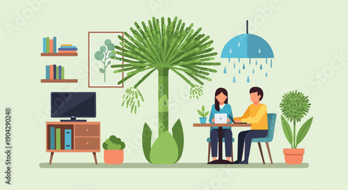A minimalist illustration of two people working at a table under a stylized umbrella, surrounded by plants and home decor