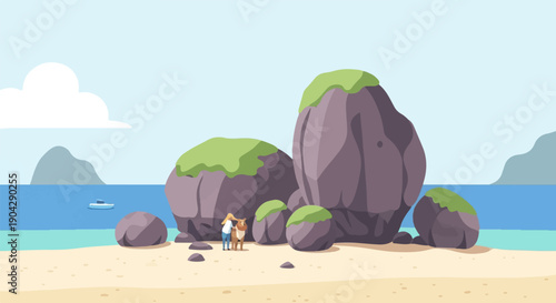 A person and animal on a sandy beach with large, moss-covered rocks