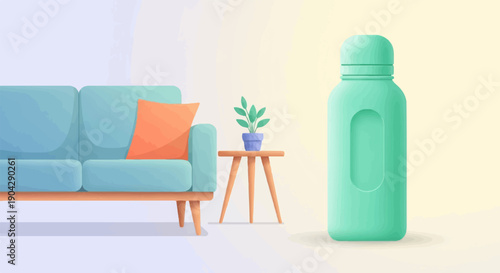 A minimalist interior scene featuring a teal sofa, accent pillow, side table with plant, and bottle