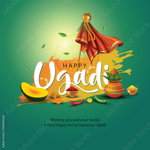 happy Ugadi New Year festival. Indian holiday celebrated by the inhabitants of Karnataka and Andhra Pradesh. abstract vector illustration graphic design.