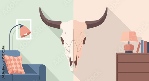A minimalist interior with a bull skull centerpiece, chair, and dresser