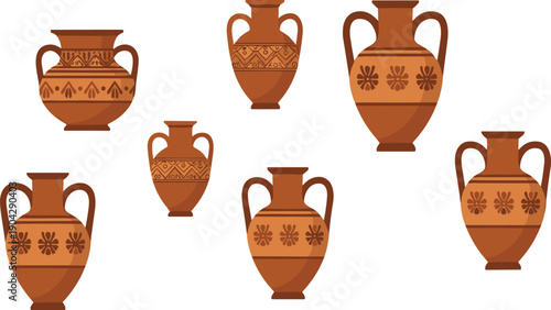 Ancient Greek Amphora Vase Vector Illustration Set with Decorative Ceramic Pottery Jars and Traditional Geometric Patterns in Flat Style