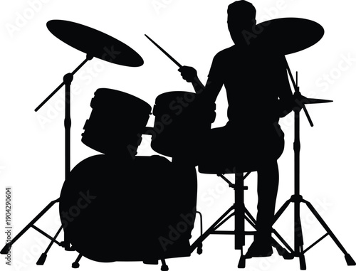 Black silhouette illustration of drummer playing full drum set with cymbals, toms, and bass, dynamic live music performance, artistic design perfect for concerts and creative projects.