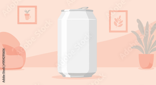 A simple, modern illustration of a blank beverage can in a cozy room setting