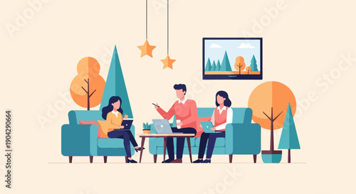 A modern flat illustration of three people collaborating on laptops on comfy sofas