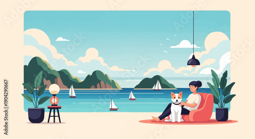 A person and dog relax indoors with a view of sailboats and islands