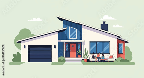 A modern home with a garage and family relaxing outdoors