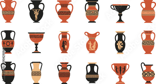 Ancient Greek Pottery Vector Collection with Amphora Vases, Cups, and Bowls Featuring Mythological Figures and Classical Decorative Patterns