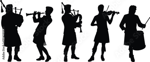 Black silhouette illustration of five musicians in Scottish kilts performing with bagpipes, wind instruments, artistic design symbolizing cultural heritage, folk music, and creative projects.