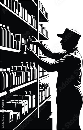 Man in a warehouse selecting a bottle from a shelf