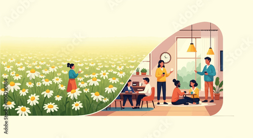 A split image shows people interacting indoors contrasted with nature