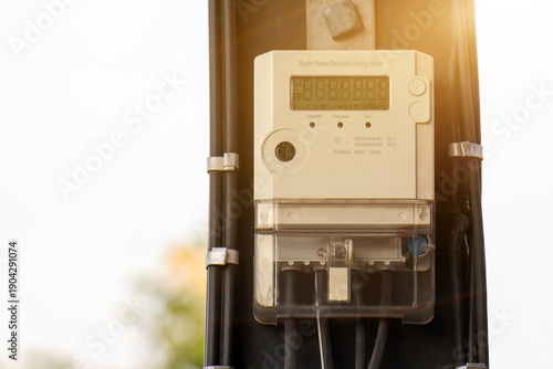 Electric digital meters for home use, power supply meters.Close-up of modern smart grid residential digital power supply meter