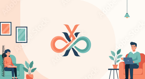 A modern illustration of people working and relaxing in cozy rooms