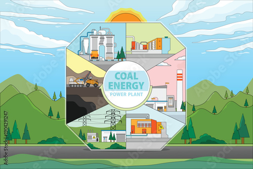 the coal energy, coal fired power plant in simple graphic