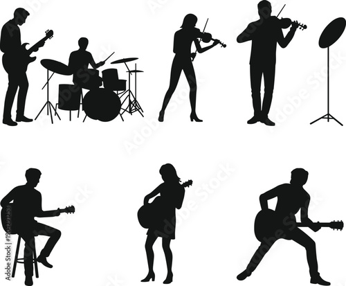 Black silhouette illustration of musicians performing with electric guitars, acoustic guitars, dynamic live music ensemble, artistic design perfect for concerts, festivals, and creative projects.