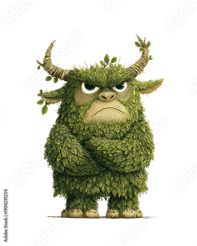 Grumpy mossy troll creature with horns isolated on white background fantasy character