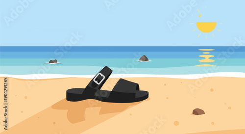 A single black sandal rests on a sandy beach with the ocean and sun in the background