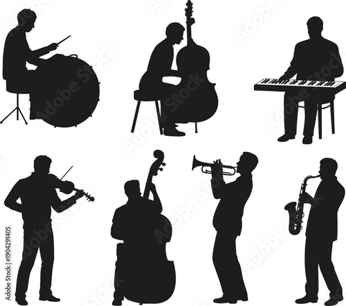 Black silhouette illustration of seven musicians performing with drums, double bass, trumpet, and saxophone, dynamic live music ensemble, artistic design for concerts and creative projects.
