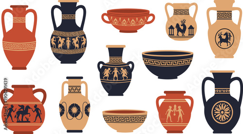 Ancient Greek Pottery Vector Illustration Set with Decorative Amphora Vases and Bowls Featuring Mythological Scenes and Classical Ornament Patterns