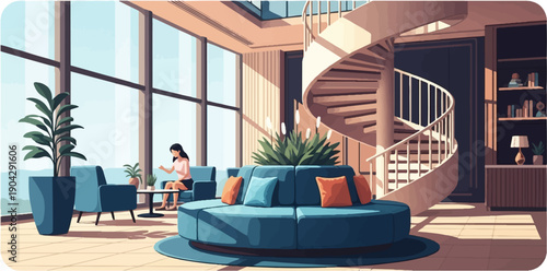 A modern lounge with a spiral staircase and a woman sitting by the window