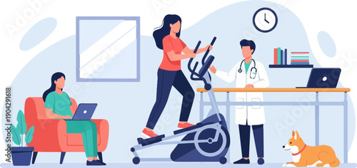 A person exercises on an elliptical while another works on a laptop and a doctor observes